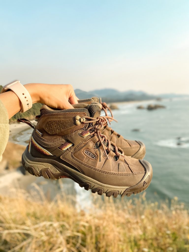 Women's Targhee III Waterproof Mid Hiking Boots will support you on hikes or walks on rocky beaches. Photo taken along the Oregon Coast. 
