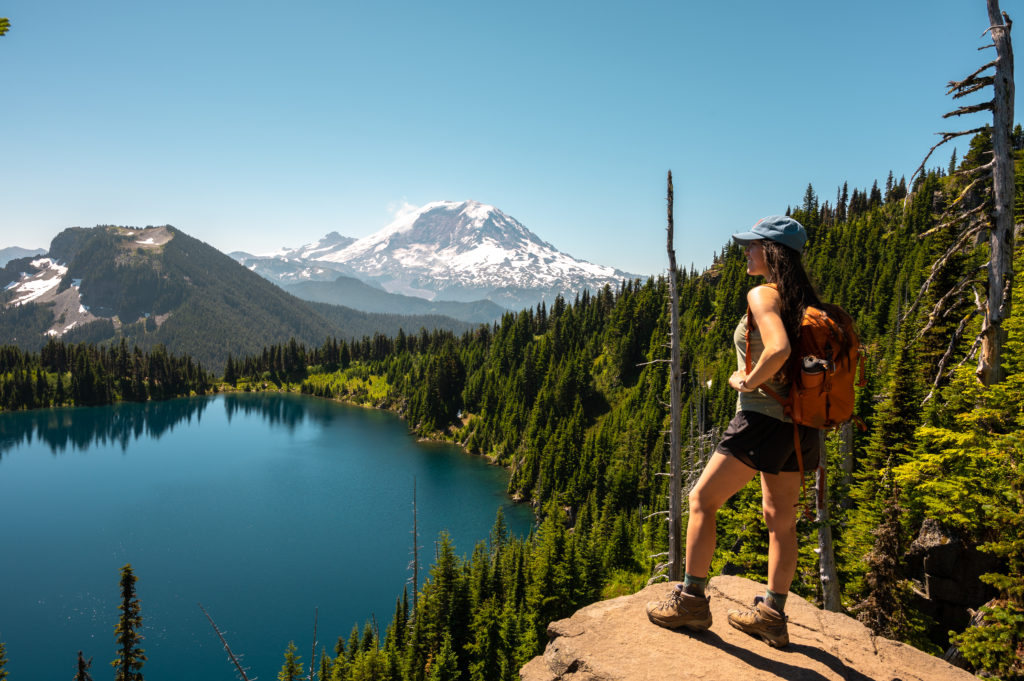 Washington hiking blogger with summer views of Summit Lake and Mt. Rainier.